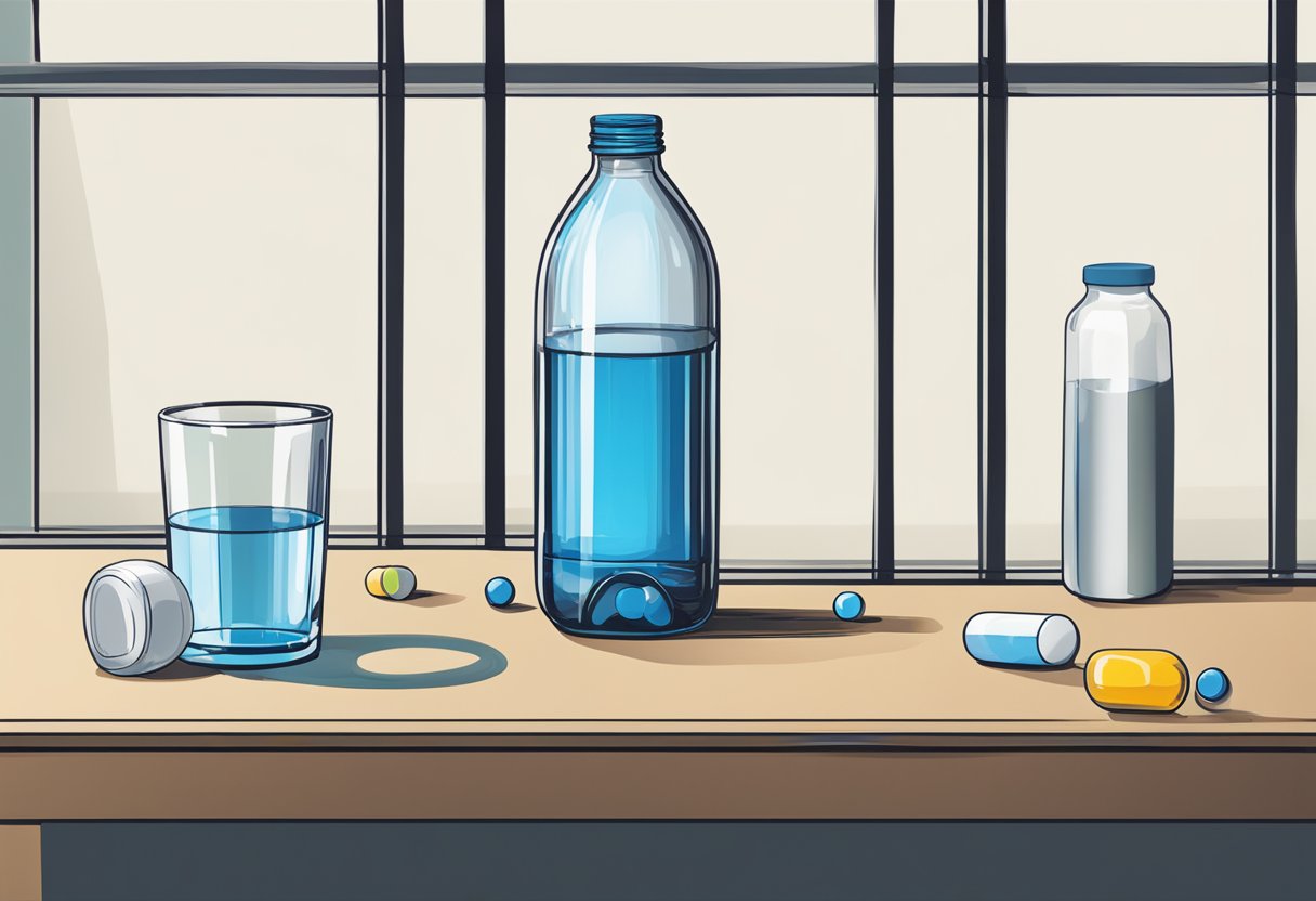 An empty glass sits beside a bottle of water, with a pill dispenser nearby