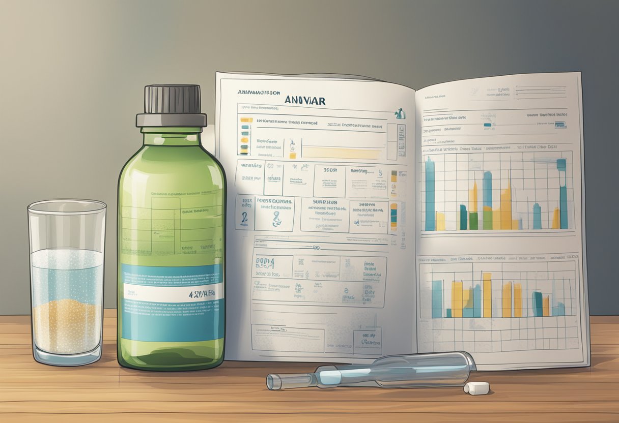 A bottle of anavar sits next to a glass of water, with a dosage chart and instructions for administration nearby